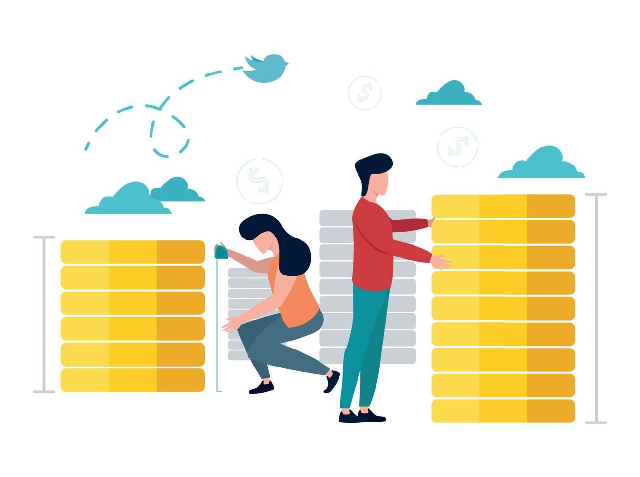 économétrie facture piles de différent tailles, gens mesure leur avec ruban-lignes et dirigeants. vecteur illustration.