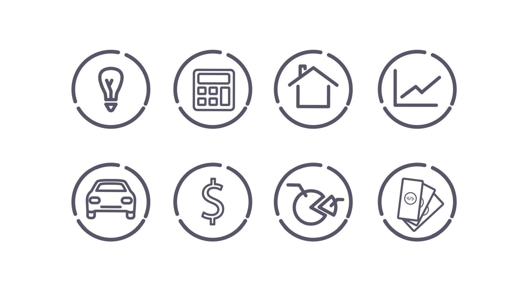 la finance Icônes ensemble. Icônes lumière ampoule, calculatrice, loger, graphique, machine, dollar, graphique, dollar factures vecteur