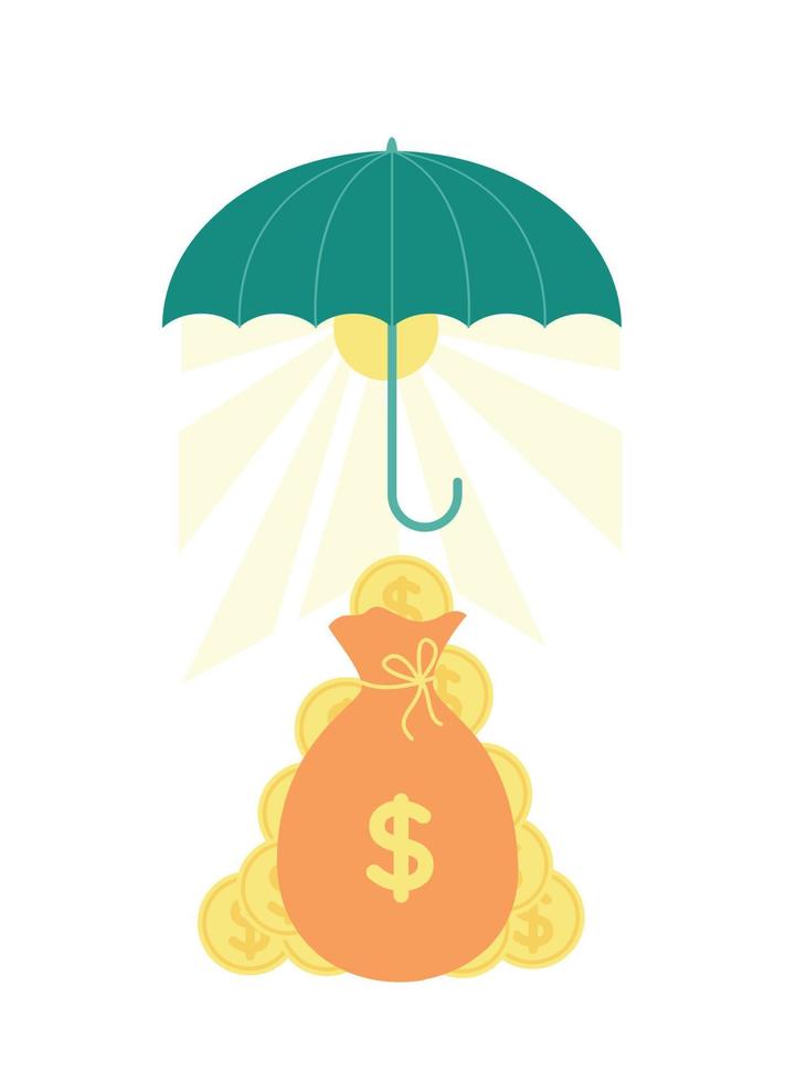 vecteur illustration de un parapluie, en dessous de il le Soleil avec des rayons, une argent sac avec une dollar signe, pièces de monnaie