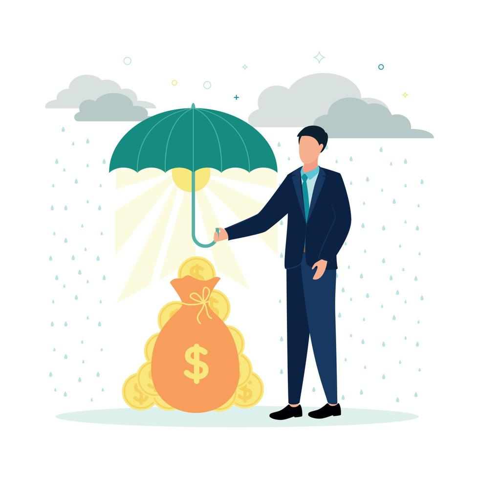 finance. vecteur illustration assurance. une homme détient un parapluie plus de une argent sac avec pièces de monnaie, contre une Contexte de gris des nuages et pluie, en dessous de un parapluie le Soleil avec des rayons