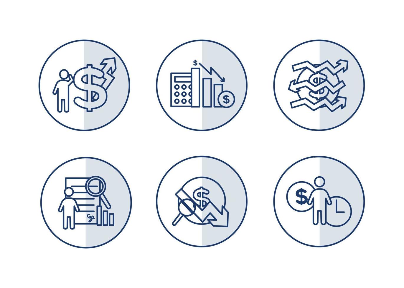 la finance Icônes ensemble. vecteur illustration de financier gestion, économétrie. une dollar signe, suivant à lequel est le silhouette de une homme, suivi par un en haut La Flèche.