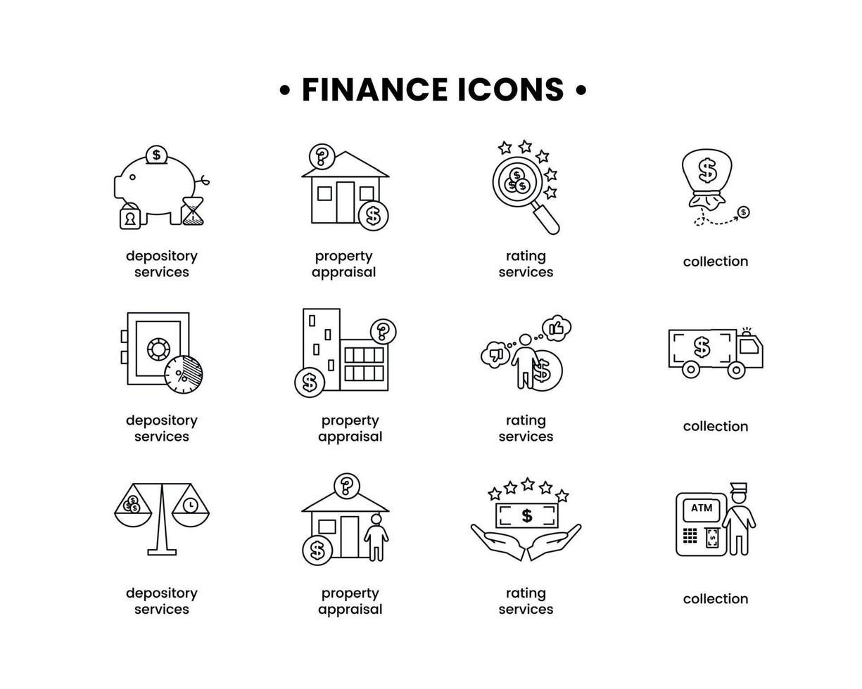 finance. vecteur illustration ensemble de Icônes dépôt prestations de service, propriété évaluation, évaluation prestations de service, collection.