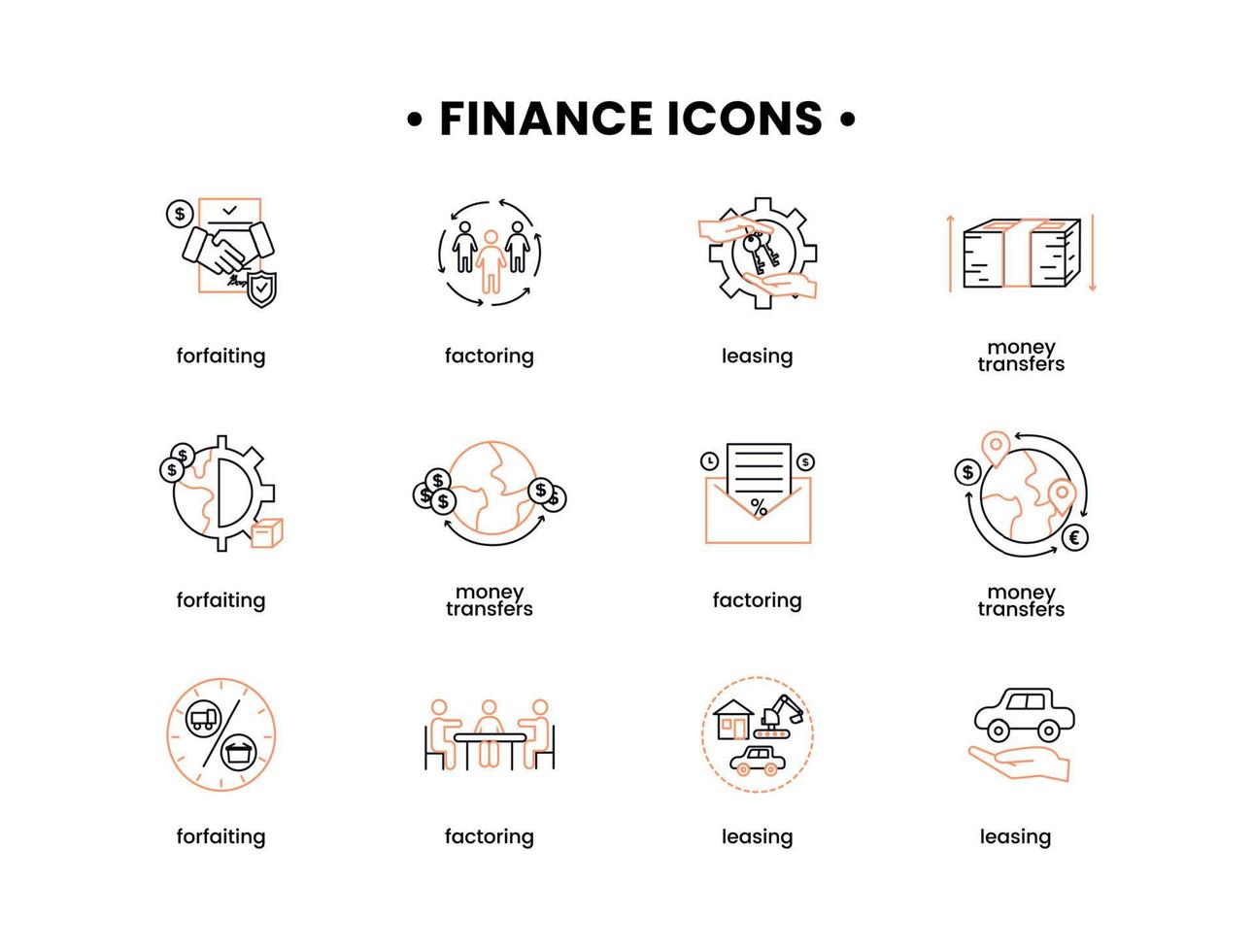 vecteur la finance illustration. forfaitage Icônes ensemble, location, l'affacturage, argent les transferts