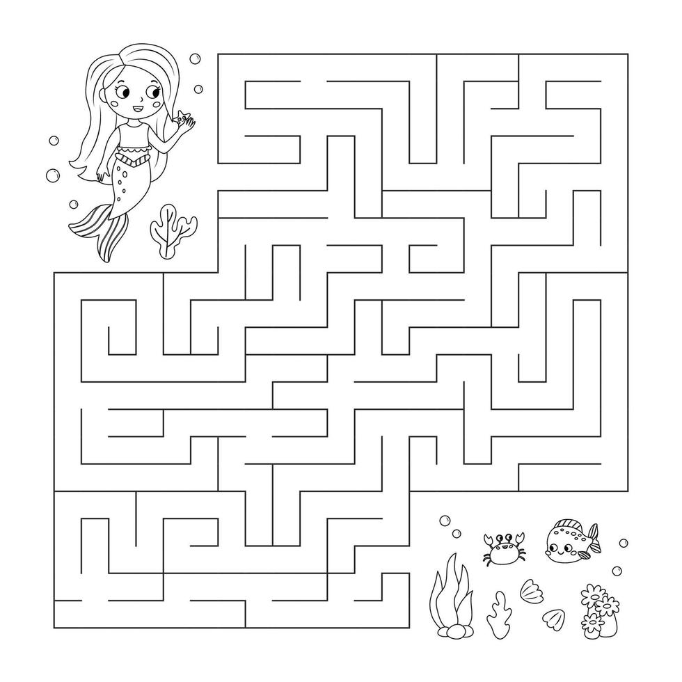 coloration page avec Labyrinthe jeu. mignonne dessin animé sirène, étoile de mer, Crabe et poisson. Fée conte. feuille de travail avec labyrinthe. coloration livre. vecteur illustration.