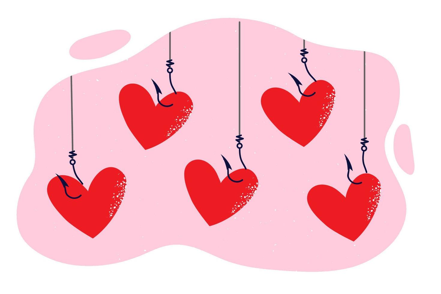 rouge cœurs pendaison sur crochets de pêche tiges comme métaphore pour pièges pour gens cherchant romantique des relations et l'amour Connexions. concept de découverte âme camarade pour romantique des relations et mariage vecteur