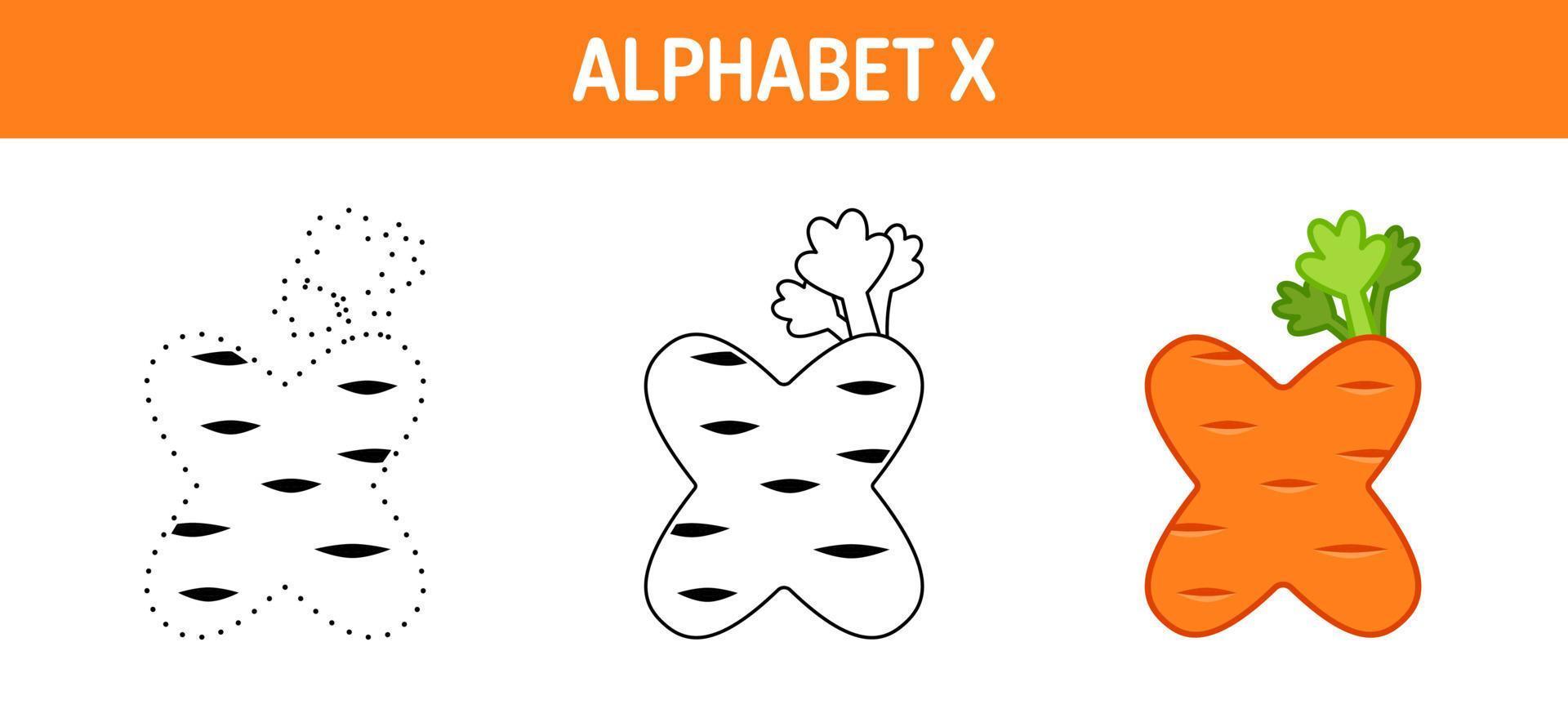 feuille de travail de traçage et de coloriage de l'alphabet x pour les enfants vecteur