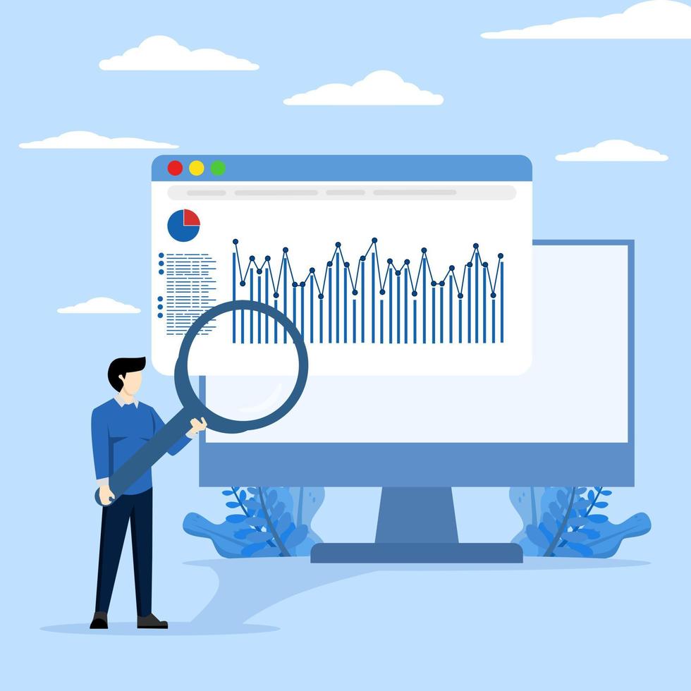 l'Internet tableau de bord concept, homme d'affaire analytique et surveillance dans la toile rapports tableau de bord surveillance concept et Les données une analyse recherche, plat vecteur illustration conception pour affaires financier Planification