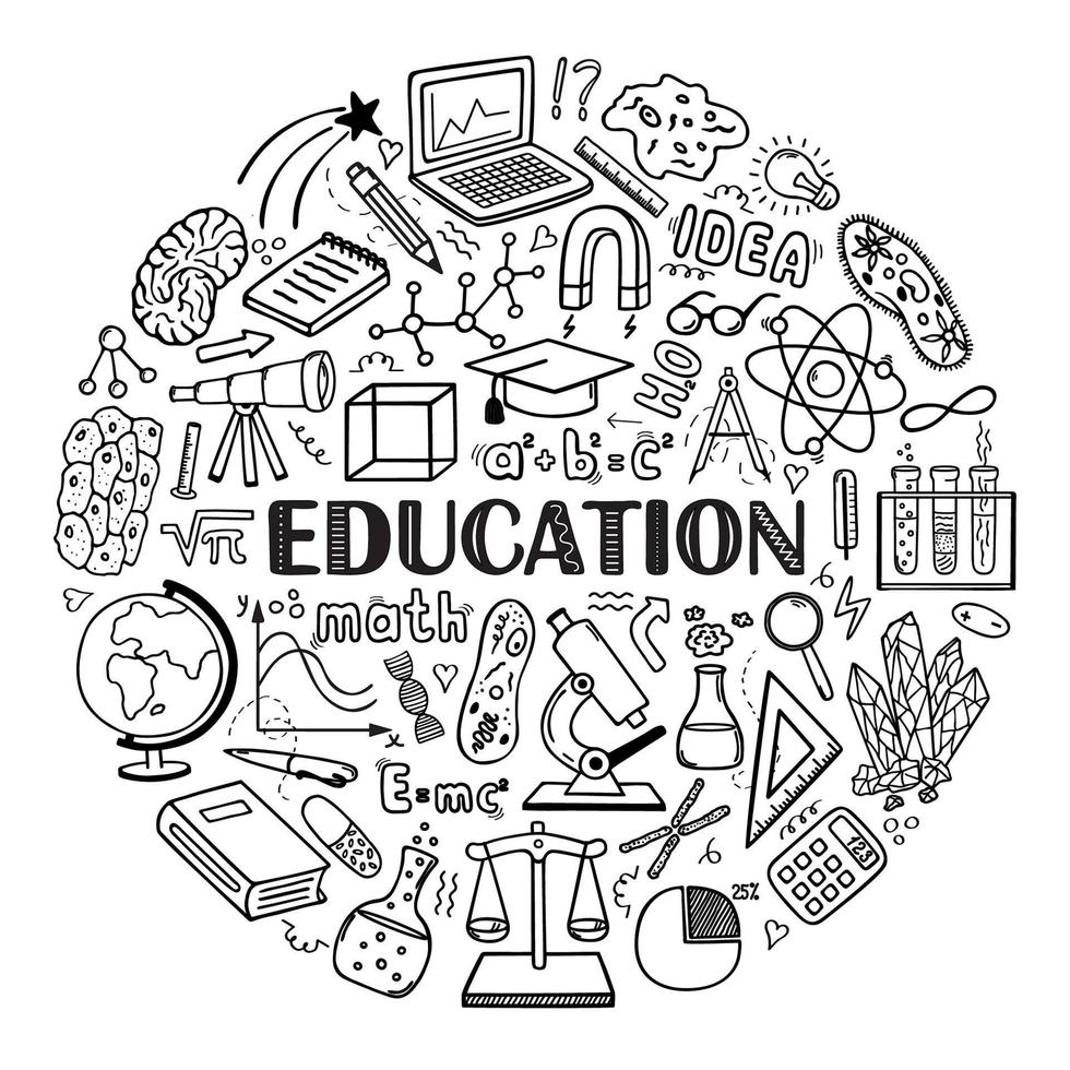 éducation et science. rond concept de vecteur main tiré éléments.