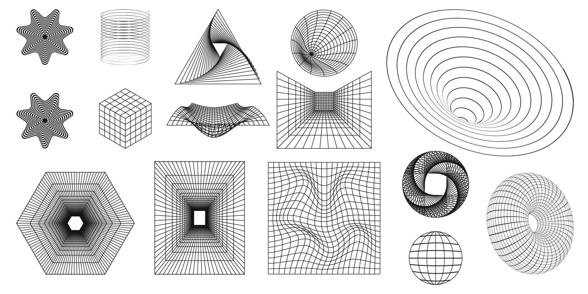 géométrique filaire formes et grilles dans foncé Couleur sur transparent Couleur Contexte. 3d abstrait arrière-plans, motifs, cyberpunk éléments dans branché psychédélique style. y2k . vecteur