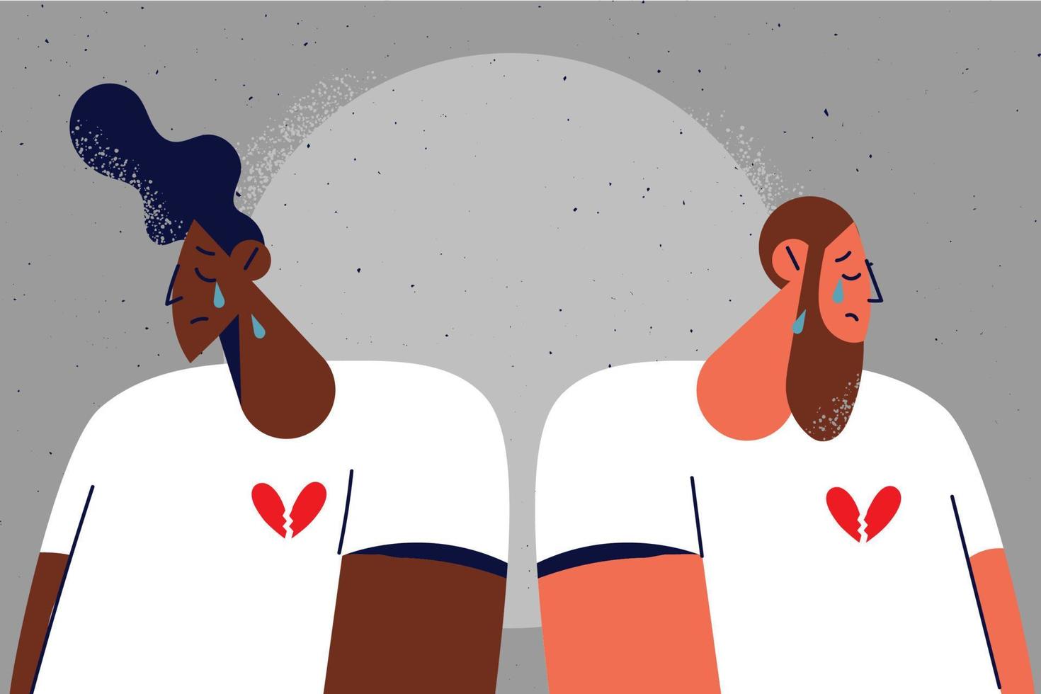 malheureux interracial couple séparé cri après rompre ou diviser. dérangé affligé Multi-éthnique homme et femme souffrir de mariage dissolution. vecteur illustration.