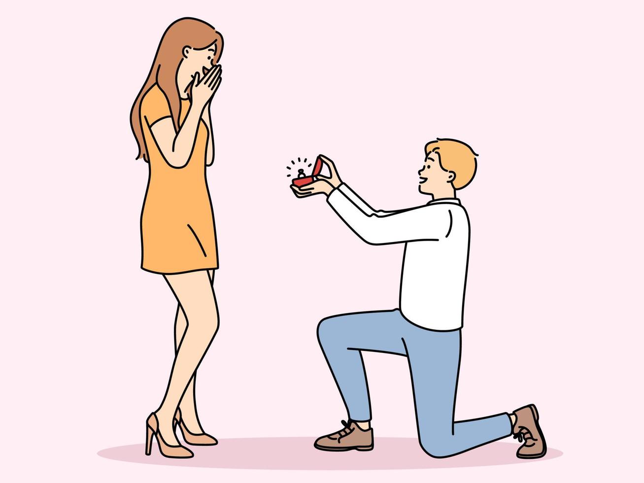 homme dans l'amour a genou bas, donne bague à bien-aimée offre à marier et jouer mariage. content fille se sent embarrassé couvrant bouche avec main après mariage les propositions de copain vecteur