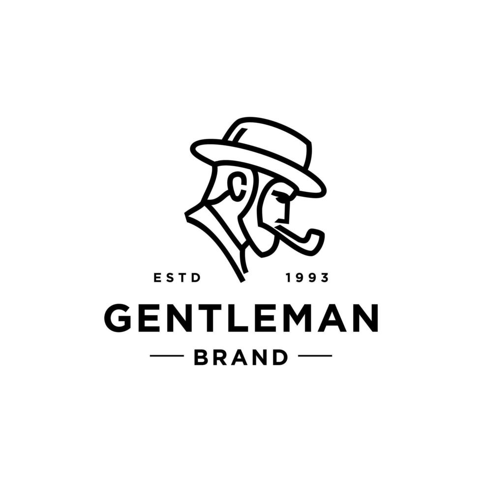 messieurs logo avec fumée tuyau. ancien rétro classique gentilhomme avec arc chapeau dans victorien style. homme logo dans branché contour ligne logo vecteur icône
