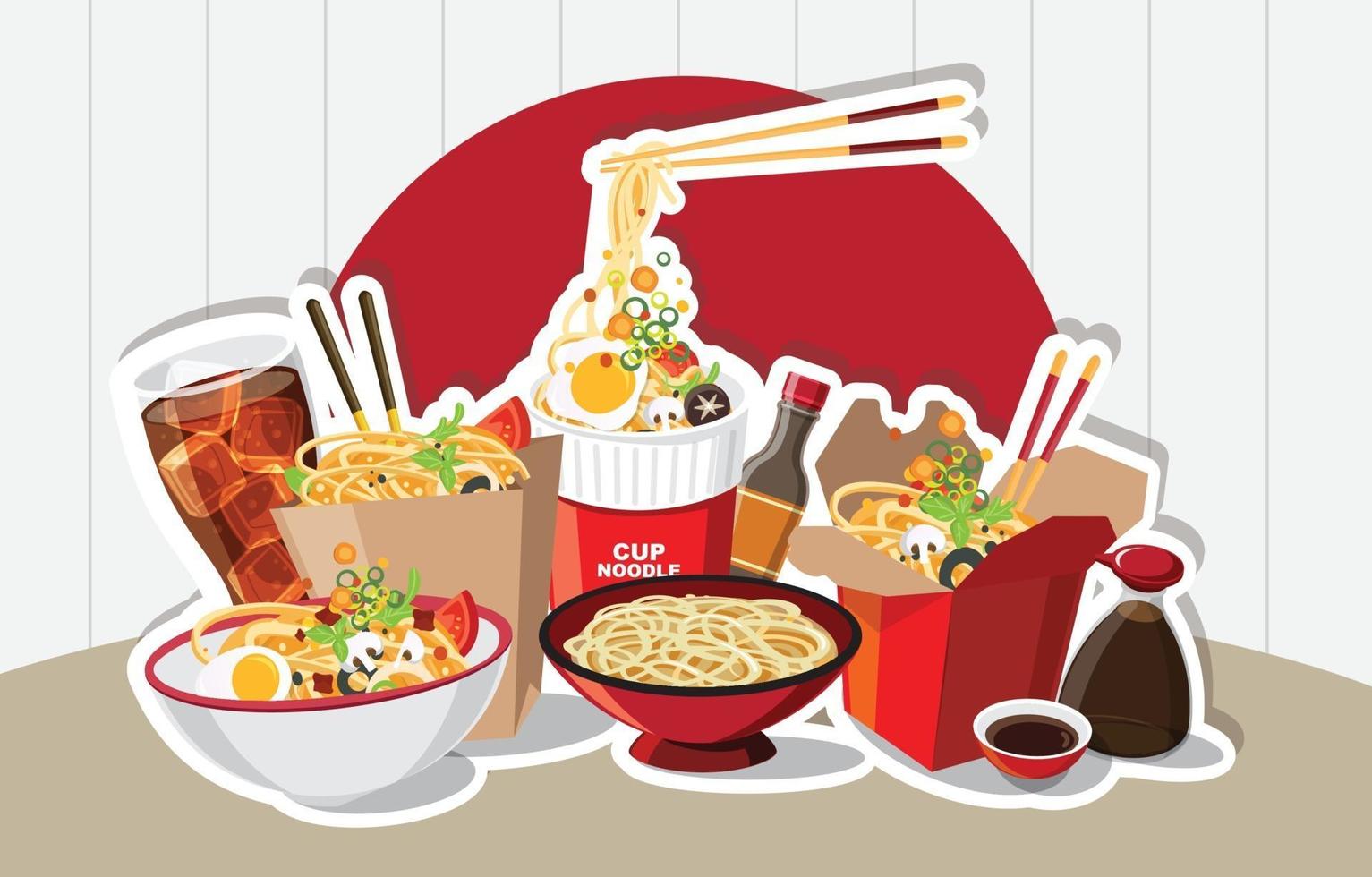 cuisine chinoise, ramen japonais dans un bol, soupe de nouilles, boîte à emporter, illustration vectorielle vecteur