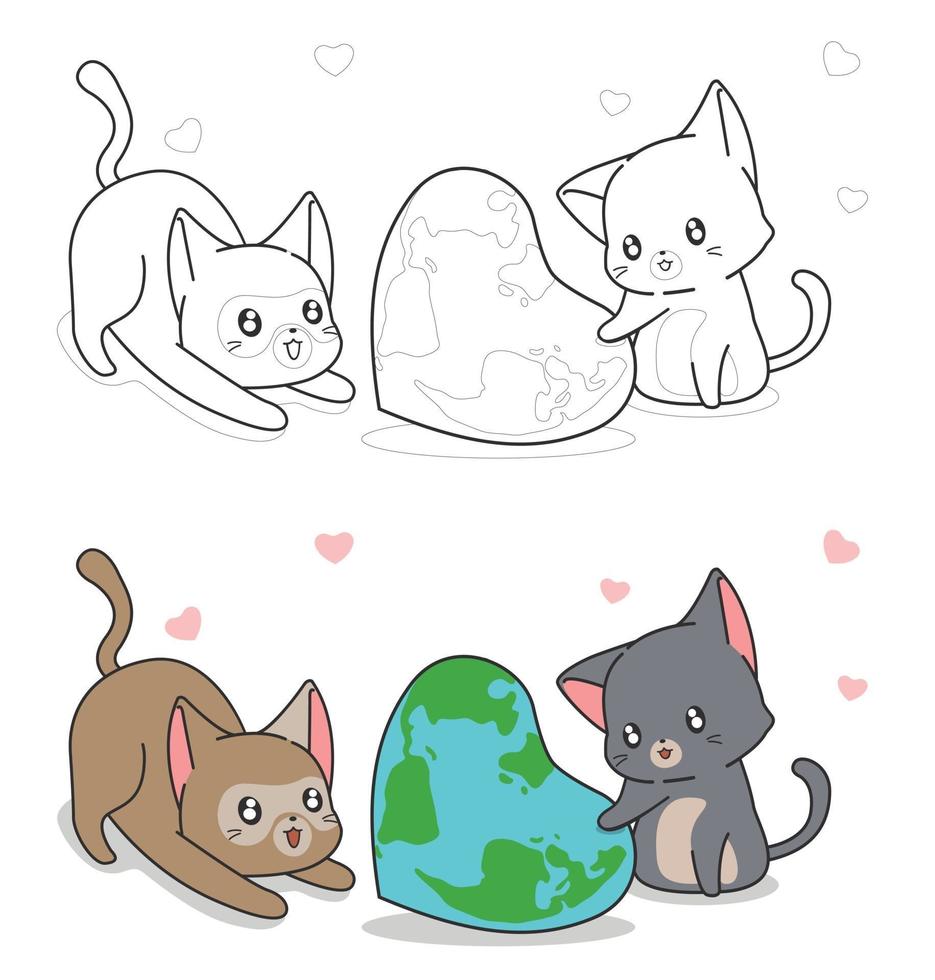 Page de coloriage de dessin animé mignon chat et carte du monde en forme de coeur pour les enfants vecteur