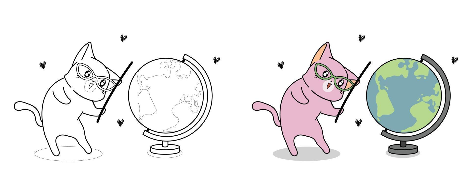 Coloriage de dessin animé mignon chat et carte du monde pour les enfants vecteur