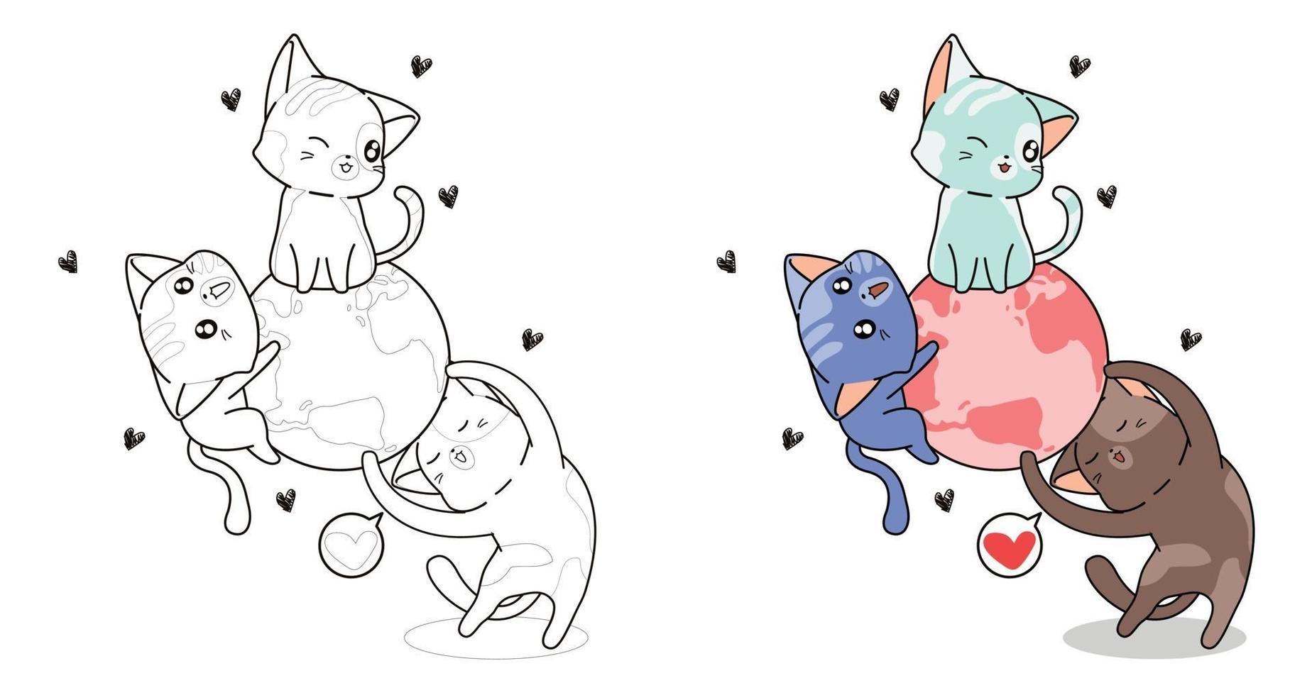 coloriage de dessin animé mignon trois chats et le monde pour les enfants vecteur