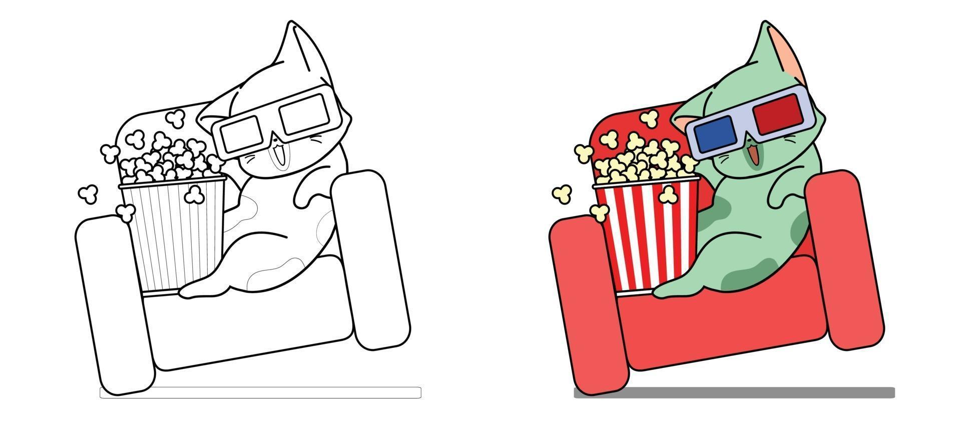 adorable chat regarde une page de coloriage de dessin animé de film pour les enfants vecteur