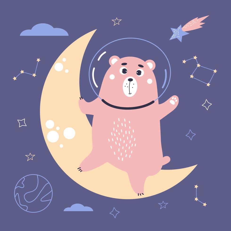 mignonne marrant ours astronaute sur lune, sur bleu Contexte avec étoiles, planètes et météorite. vecteur illustration pour bébé collection, conception, décor, cartes et imprimer.