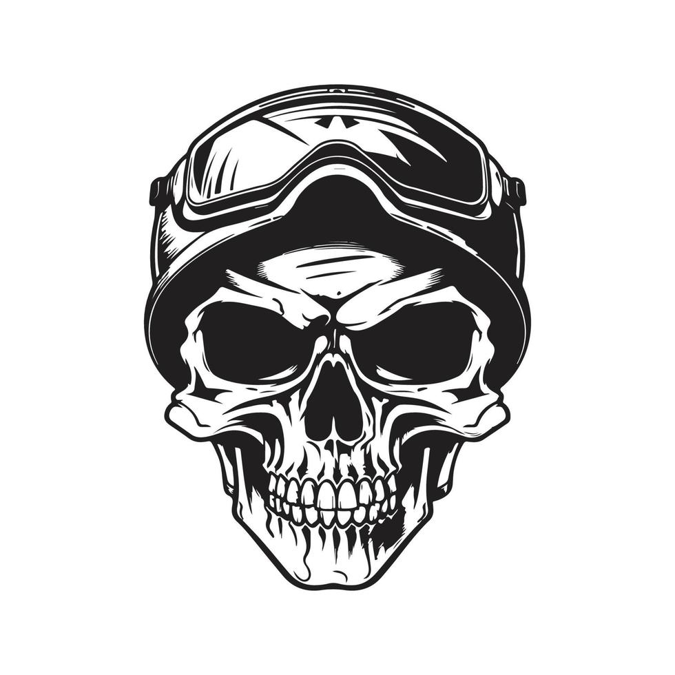 crâne avec militaire casque, logo concept noir et blanc couleur, main tiré illustration vecteur