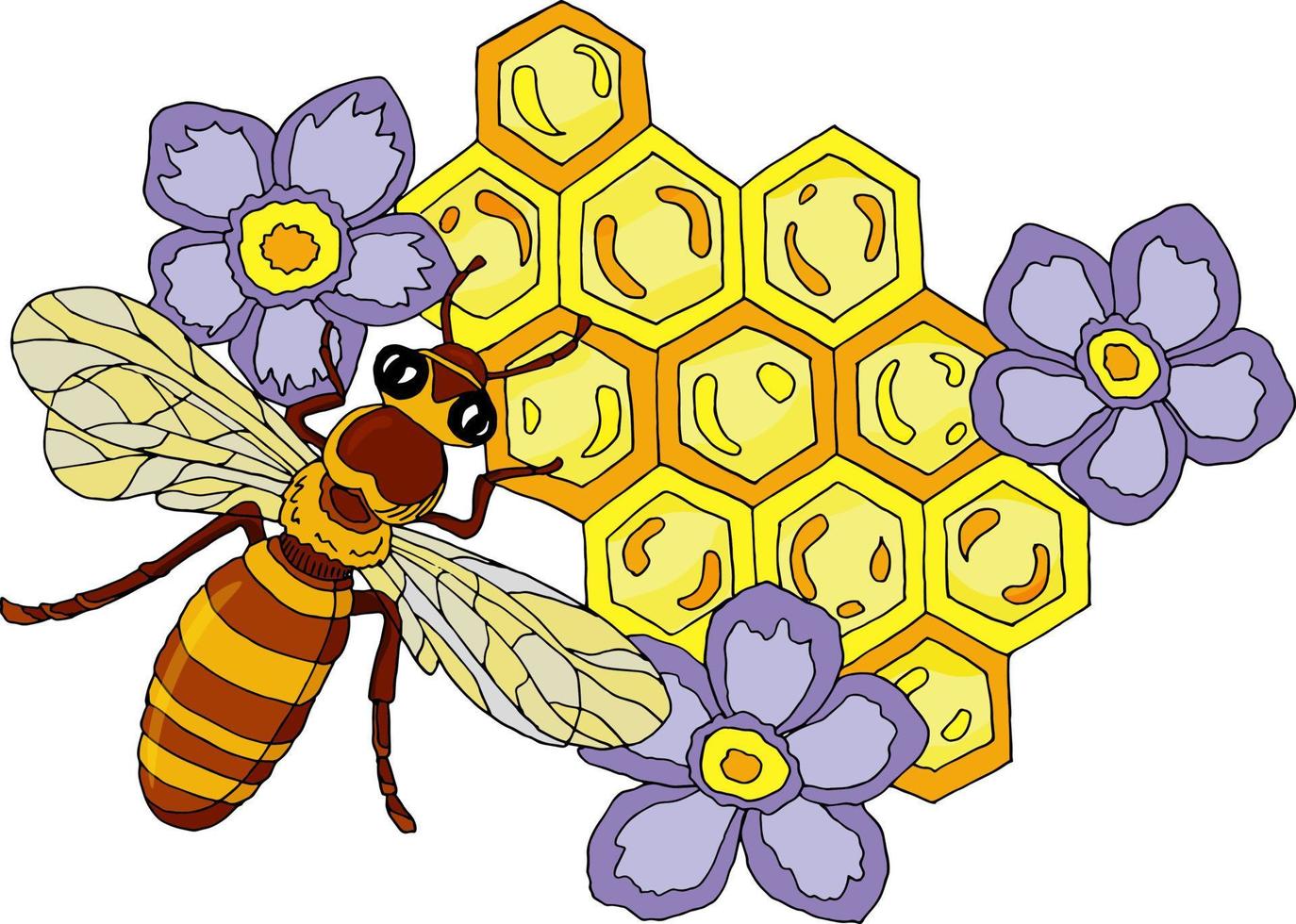 illustration de une abeille, fleurs et rayon de miel. vecteur