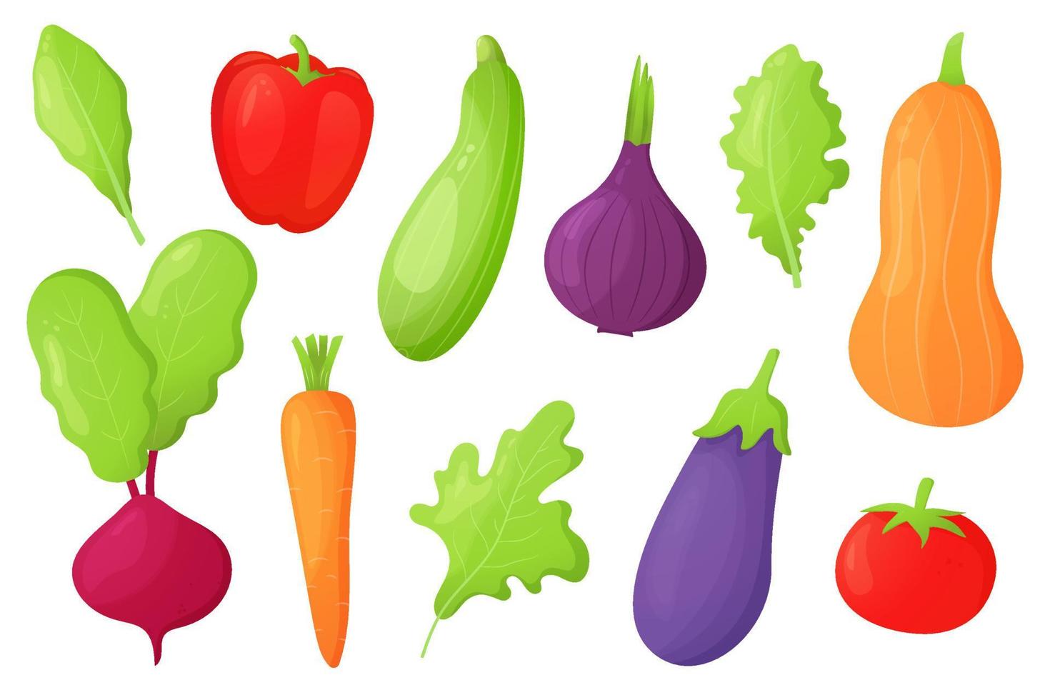 coloré des légumes. poivrons, tomates, carottes, oignon, citrouille, betterave, aubergine, courgette, salade feuilles. génial visuel pour dessins pour en bonne santé alimentaire, végétalien régimes, cuisine et nourriture préparation. vecteur