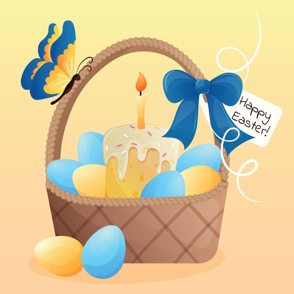 osier Pâques panier avec œufs, Pâques gâteau et une brûlant bougie, une bleu arc et une carte postale dans Jaune et bleu couleurs. content Pâques mignonne dessin animé carte postale vecteur