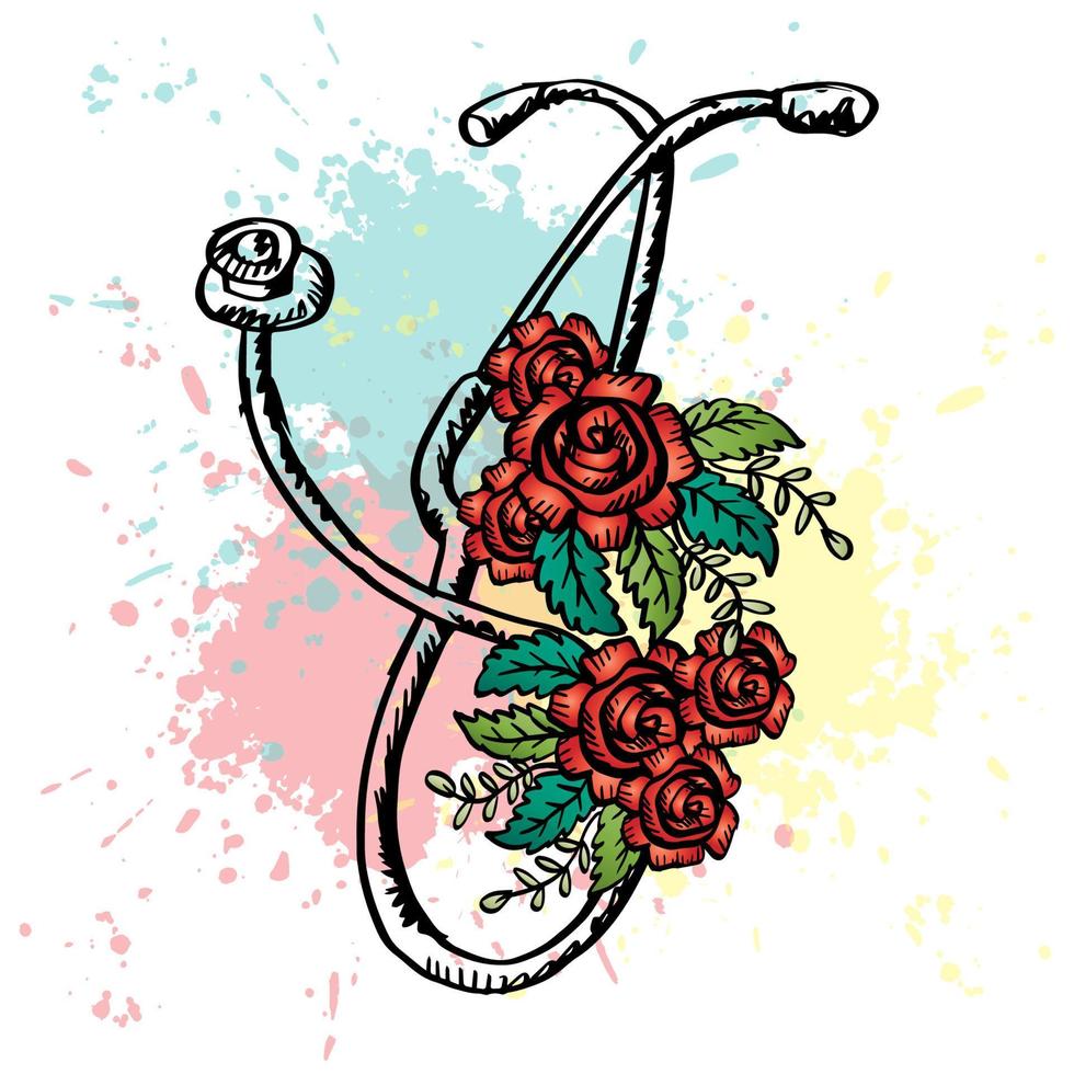 griffonnage médical stéthoscope avec Rose fleur. vecteur