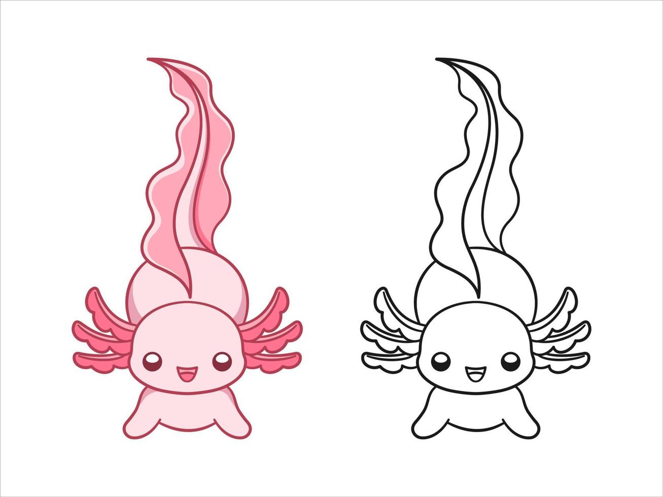 content axolotl dessin animé coloré et ligne art vecteur illustration ensemble. mignonne sous-marin aquatique animal conception. facile Facile coloration livre page activité pour enfants.