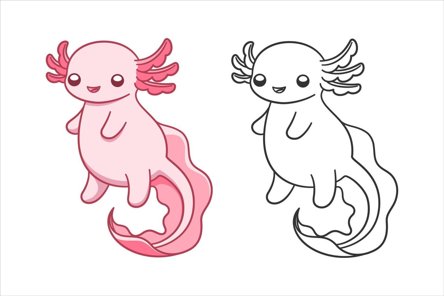 content axolotl dessin animé coloré et ligne art vecteur illustration ensemble. mignonne sous-marin aquatique animal conception. facile Facile coloration livre page activité pour enfants.