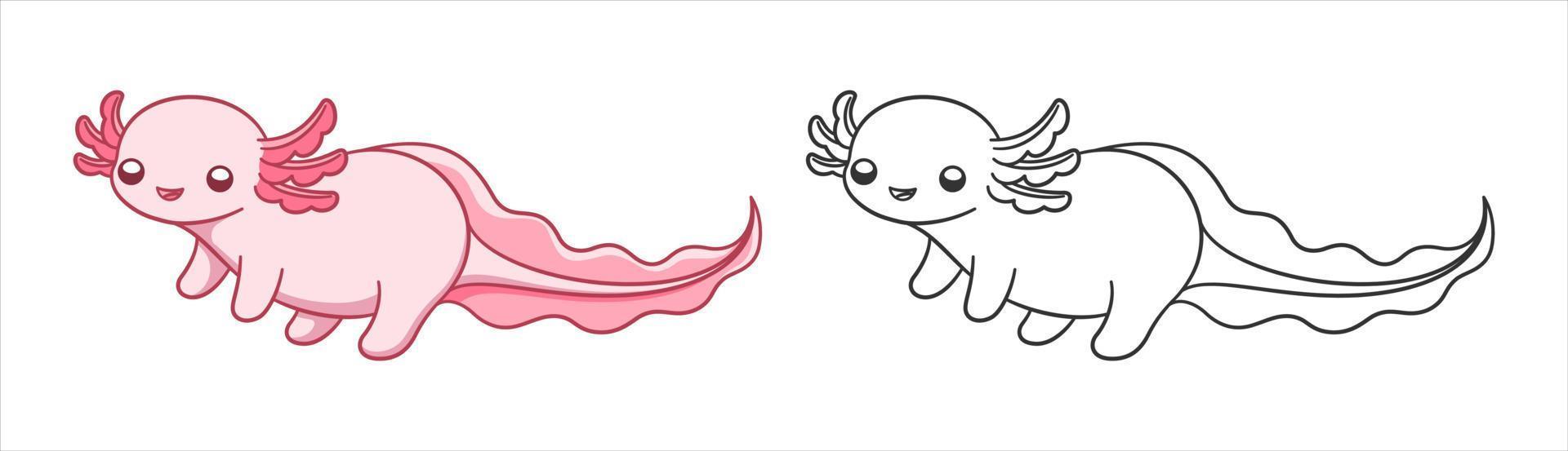 content axolotl dessin animé coloré et ligne art vecteur illustration ensemble. mignonne sous-marin aquatique animal conception. facile Facile coloration livre page activité pour enfants.