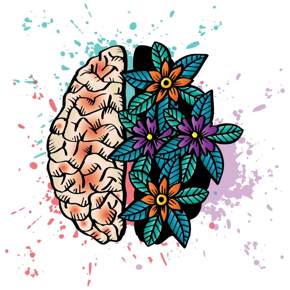 griffonnage Humain cerveau avec floral décoration. vecteur