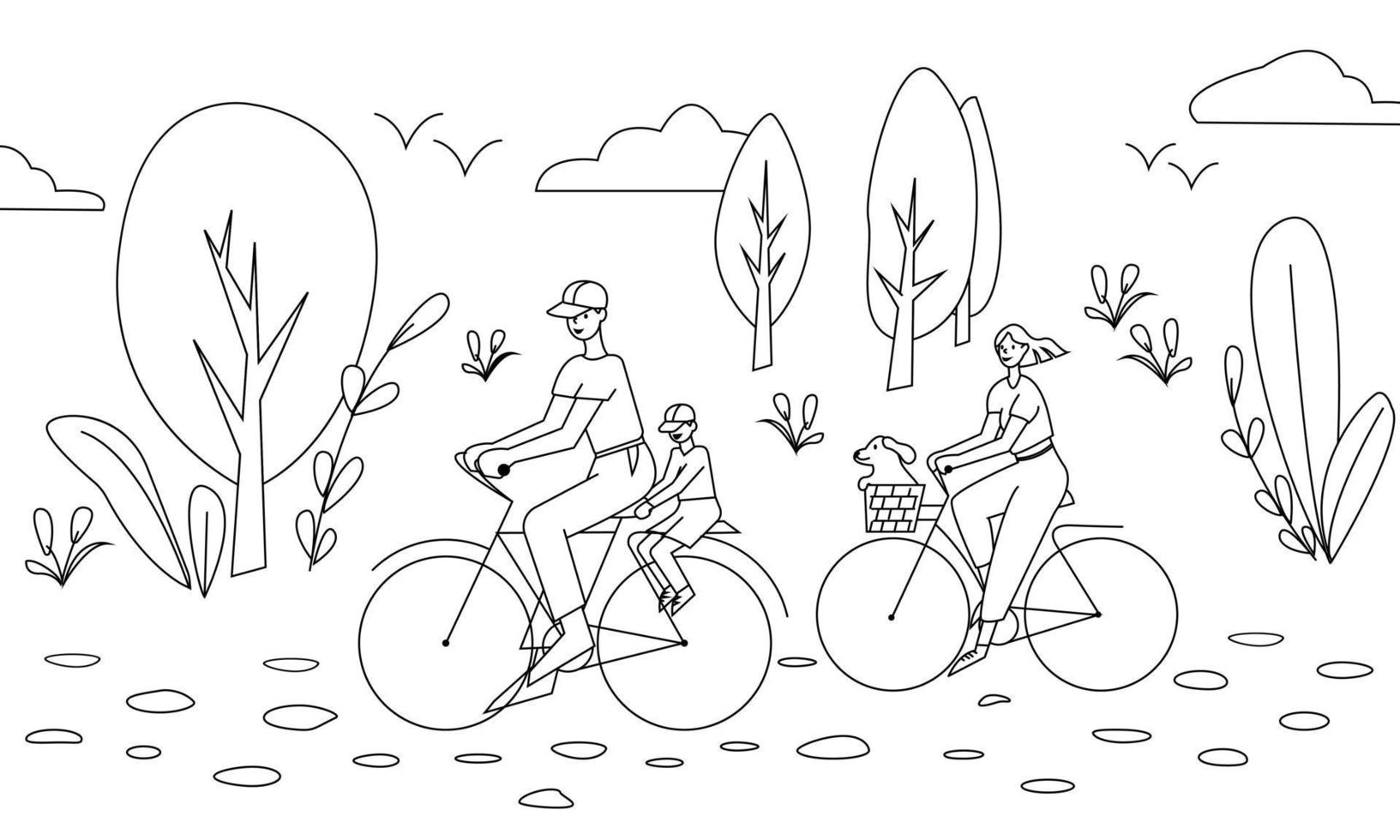famille en voyageant sur vélo. parents, chien et les enfants vélo. griffonnage style vecteur