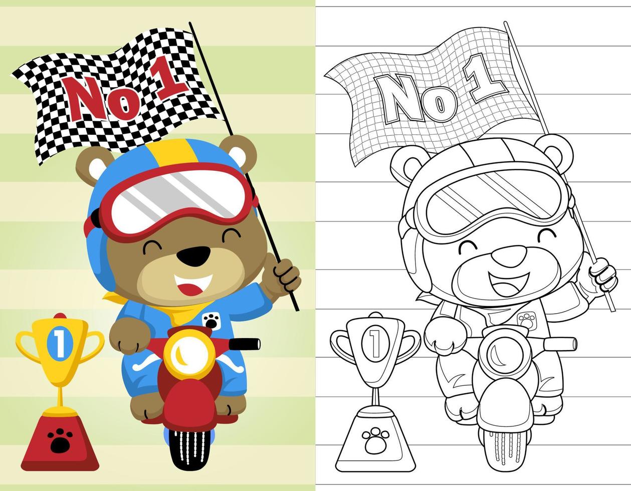 coloration livre ou page de dessin animé marrant ours équitation moto avec terminer drapeau et trophée vecteur