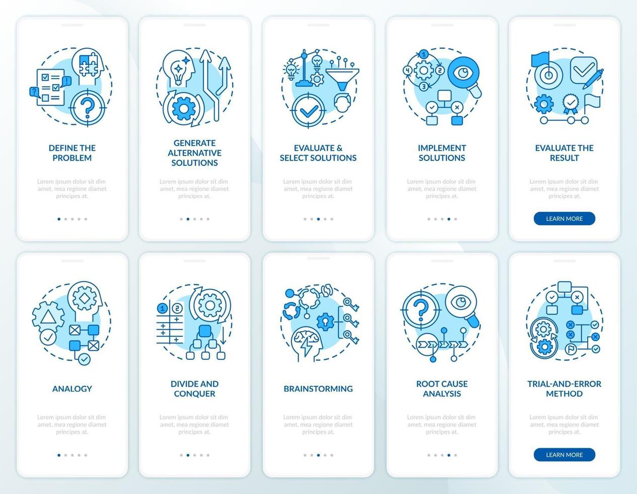 Résolution de problèmes écran de page d'application mobile d'intégration bleue avec ensemble de concepts vecteur