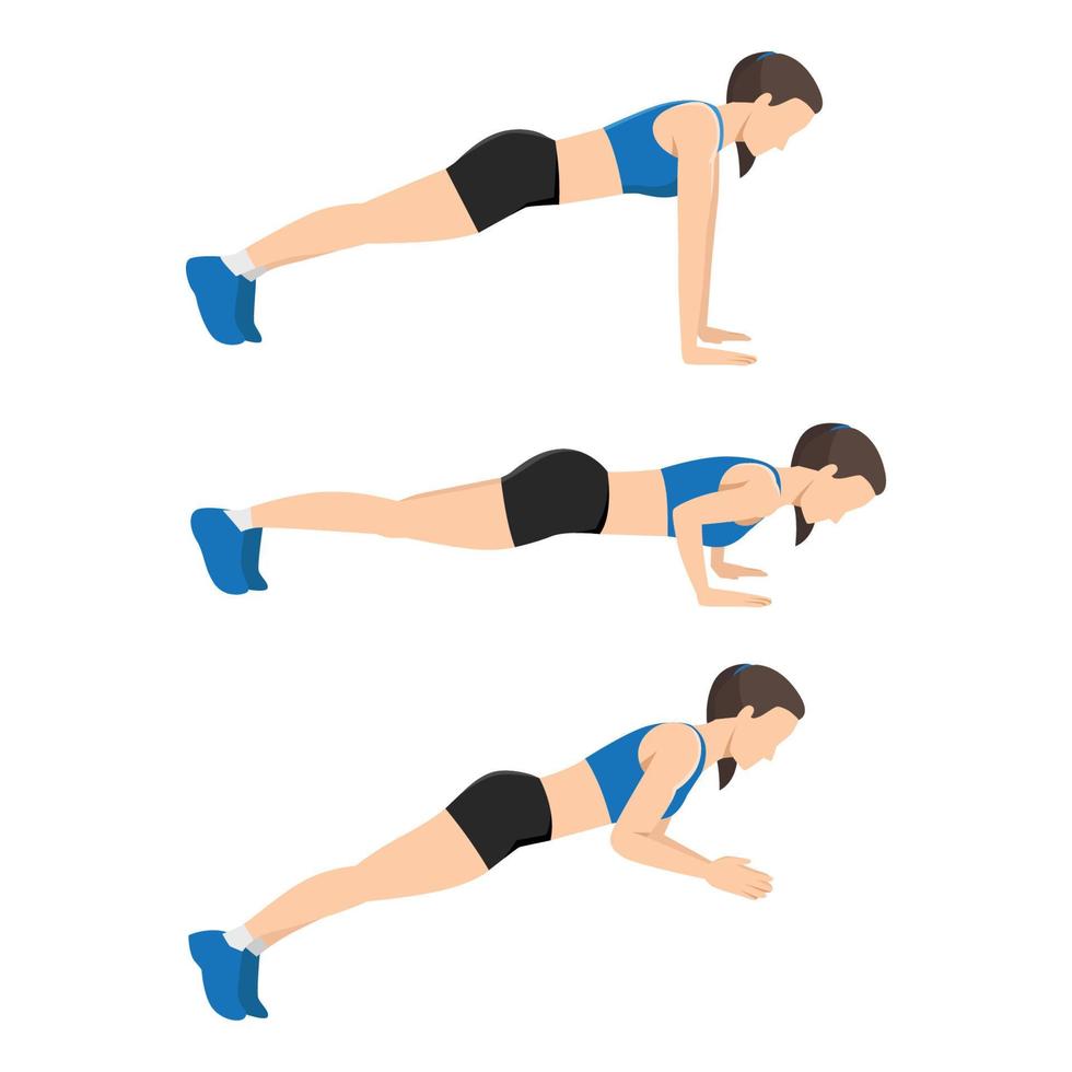 sport femme Faire exercice avec applaudir pousser en haut posture début avec planche et fin avec une taper dans en l'air. faire des exercices pose pour cardio. vecteur