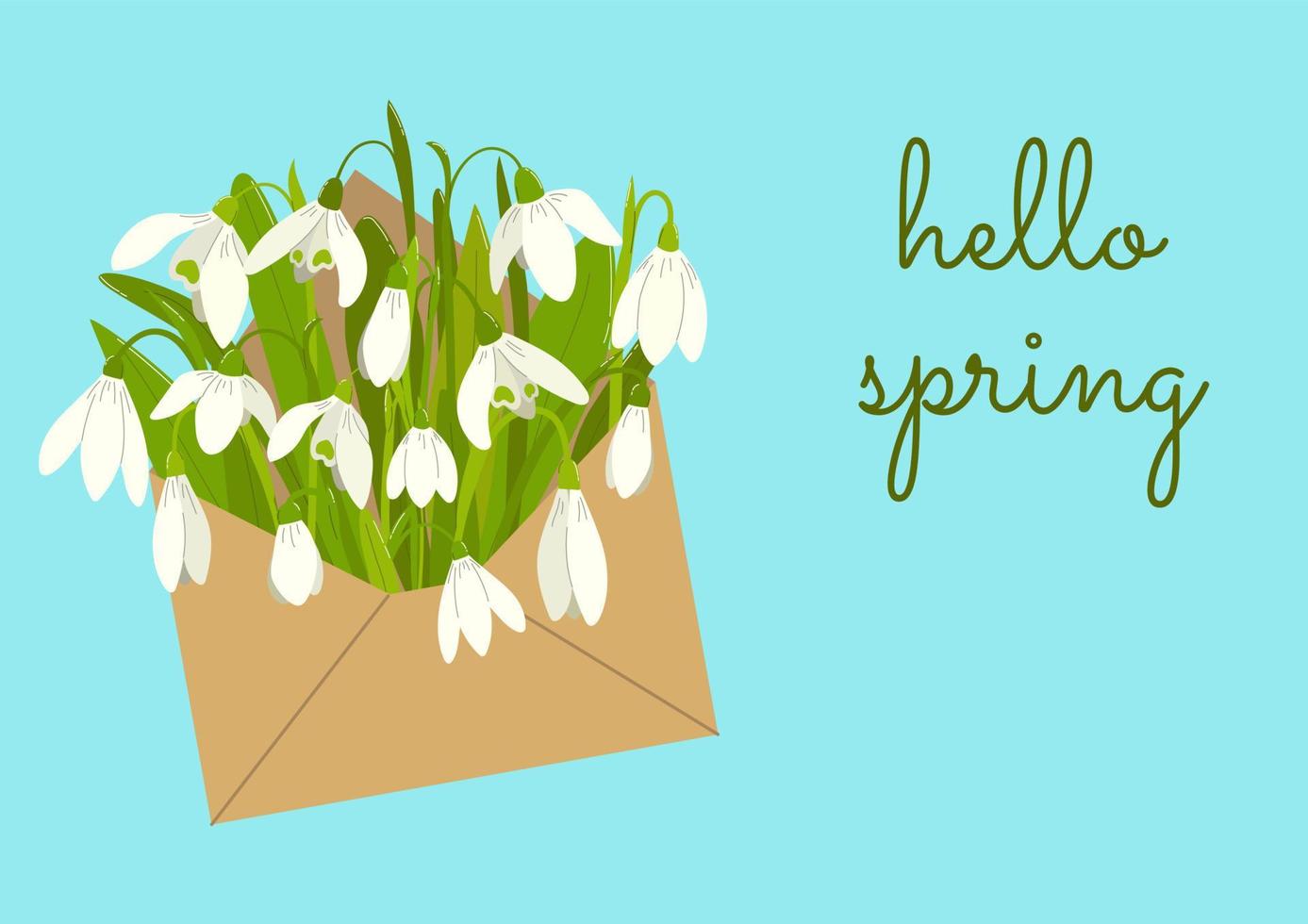Bonjour printemps main tiré vecteur illustration. saison caractères avec enveloppe de perce-neige pour salutation carte, affiche.