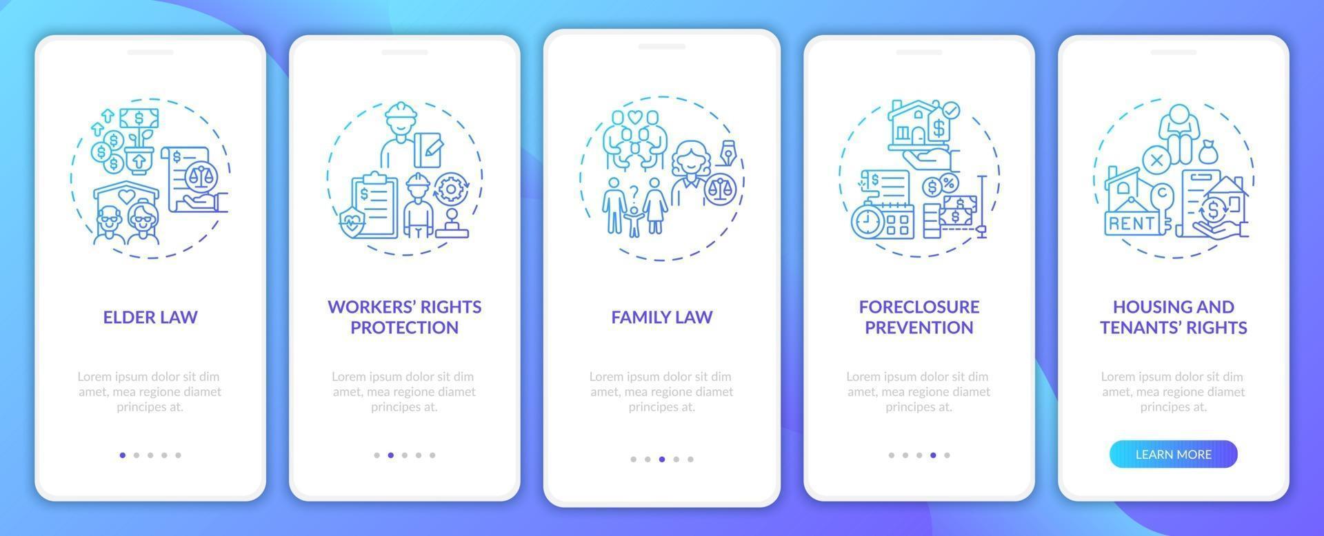 types de services juridiques écran de la page de l'application mobile d'intégration avec des concepts vecteur
