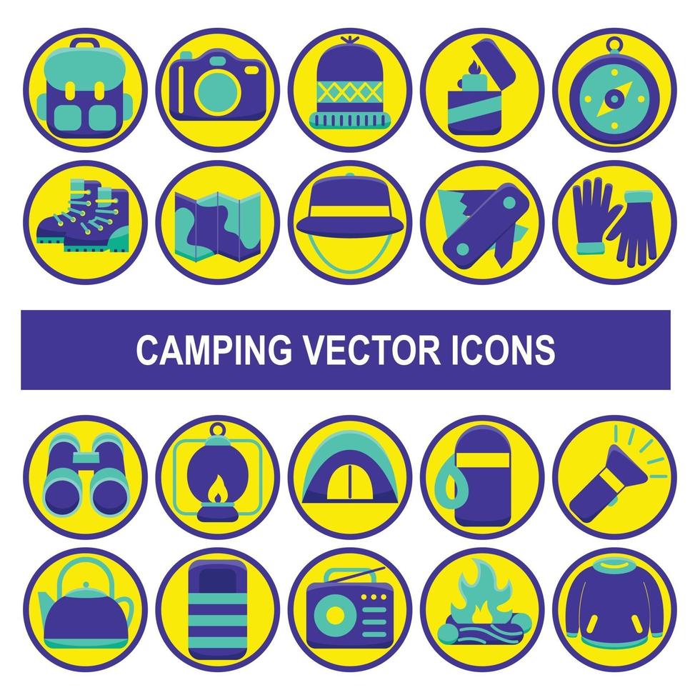 icônes vectorielles de camping dans le style de conception de badge. vecteur