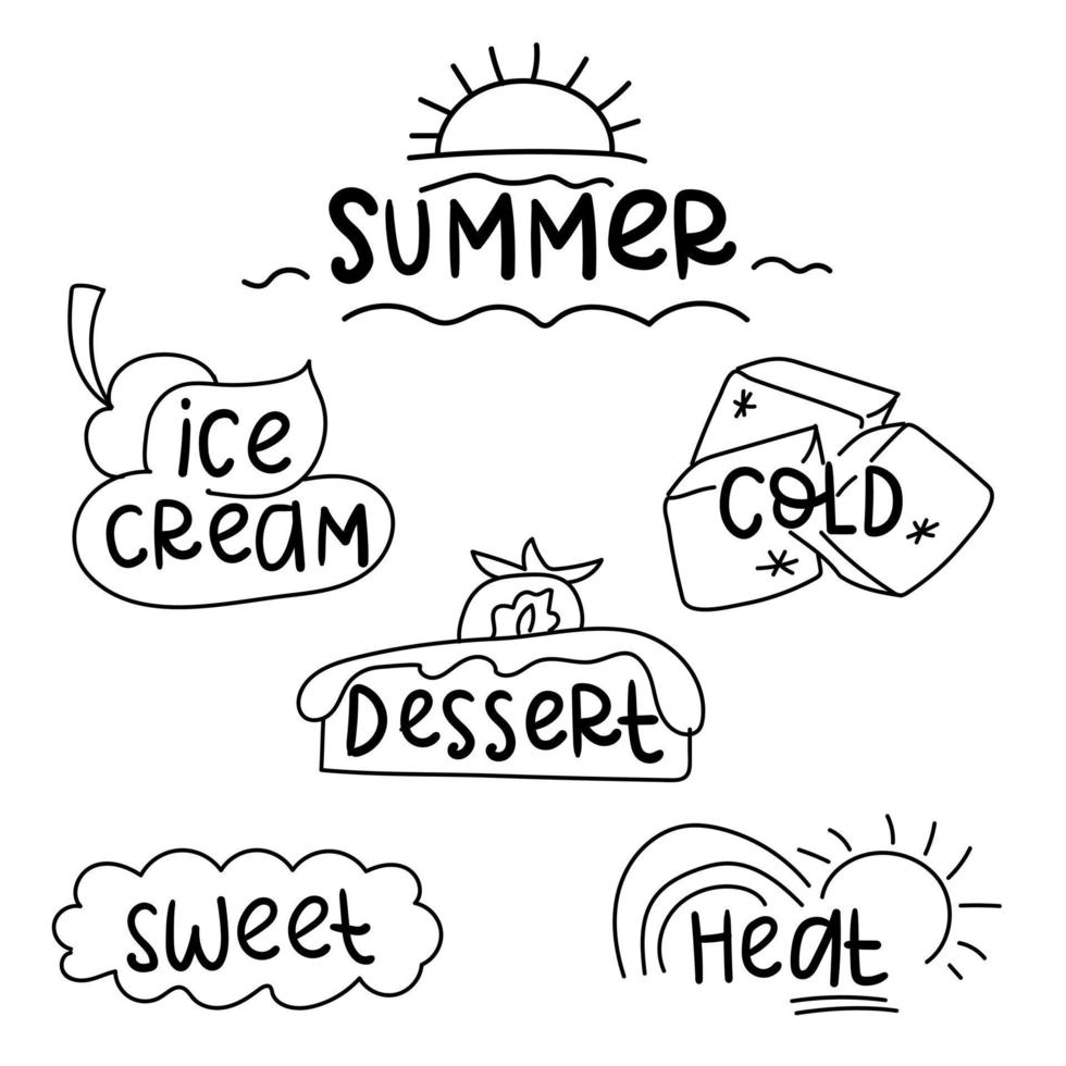 une ensemble de les inscriptions pour la glace crème. les inscriptions avec petit croquis sont comme autocollants. la glace crème, froid, soleil, été, chaud, style doodle dessert. noir et blanc croquis vecteur