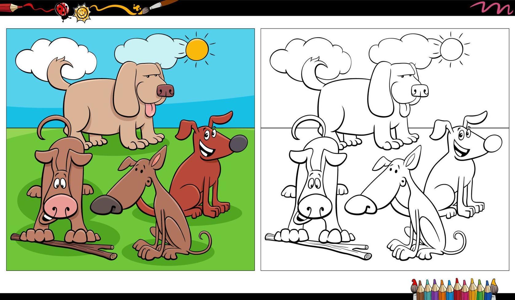 bande dessinée chiens personnages groupe dans le Prairie coloration page vecteur