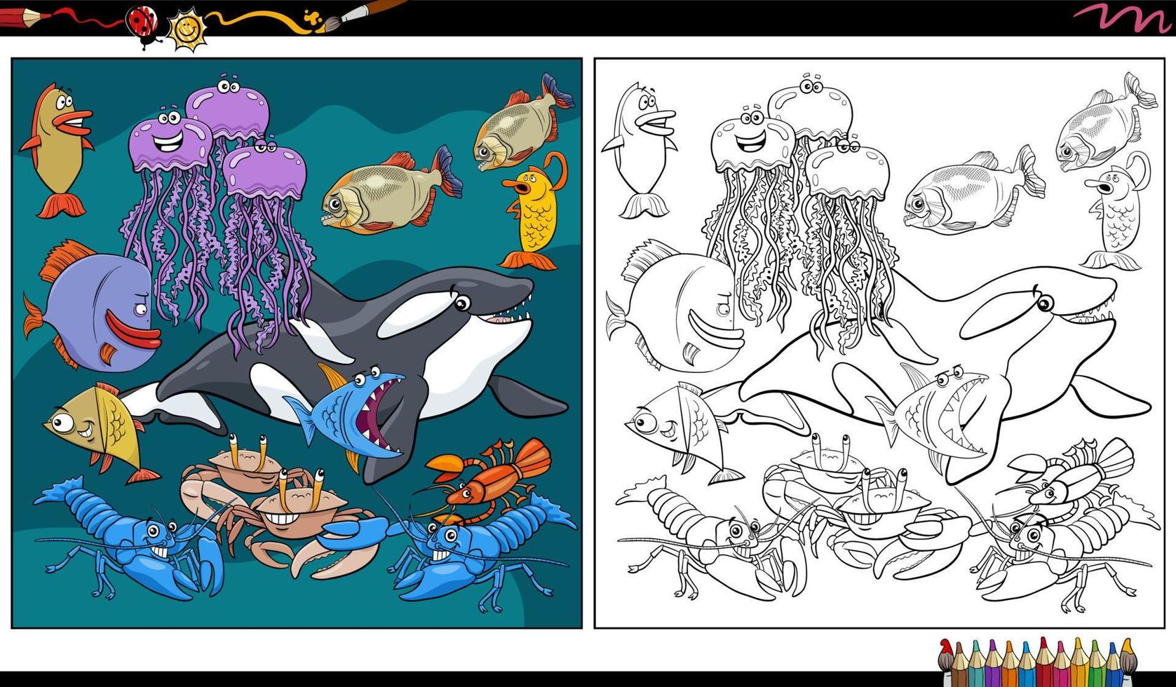dessin animé Marin animal personnages groupe coloration page vecteur
