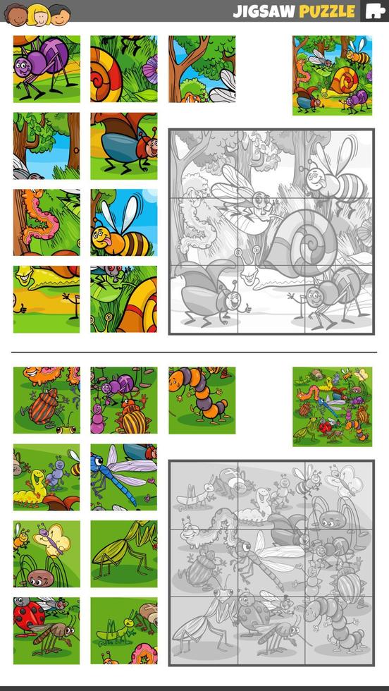 scie sauteuse puzzle Jeu ensemble avec dessin animé insecte personnages vecteur