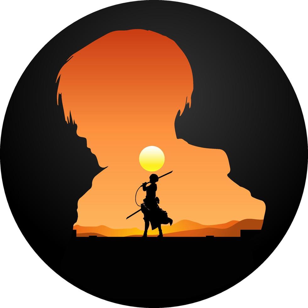 silhouette de une Masculin soldat porter une épée sur une le coucher du soleil Contexte. génial pour autocollants ou T-shirt conceptions. vecteur