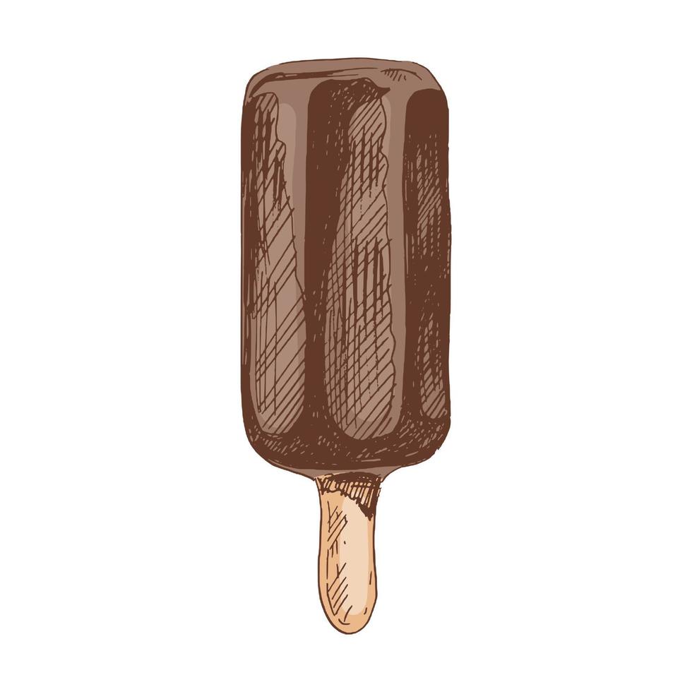 une dessiné à la main coloré esquisser de la glace crème, popsicle sur une bâton dans Chocolat. ancien illustration. élément pour le conception de Étiquettes, emballage et cartes postales. vecteur