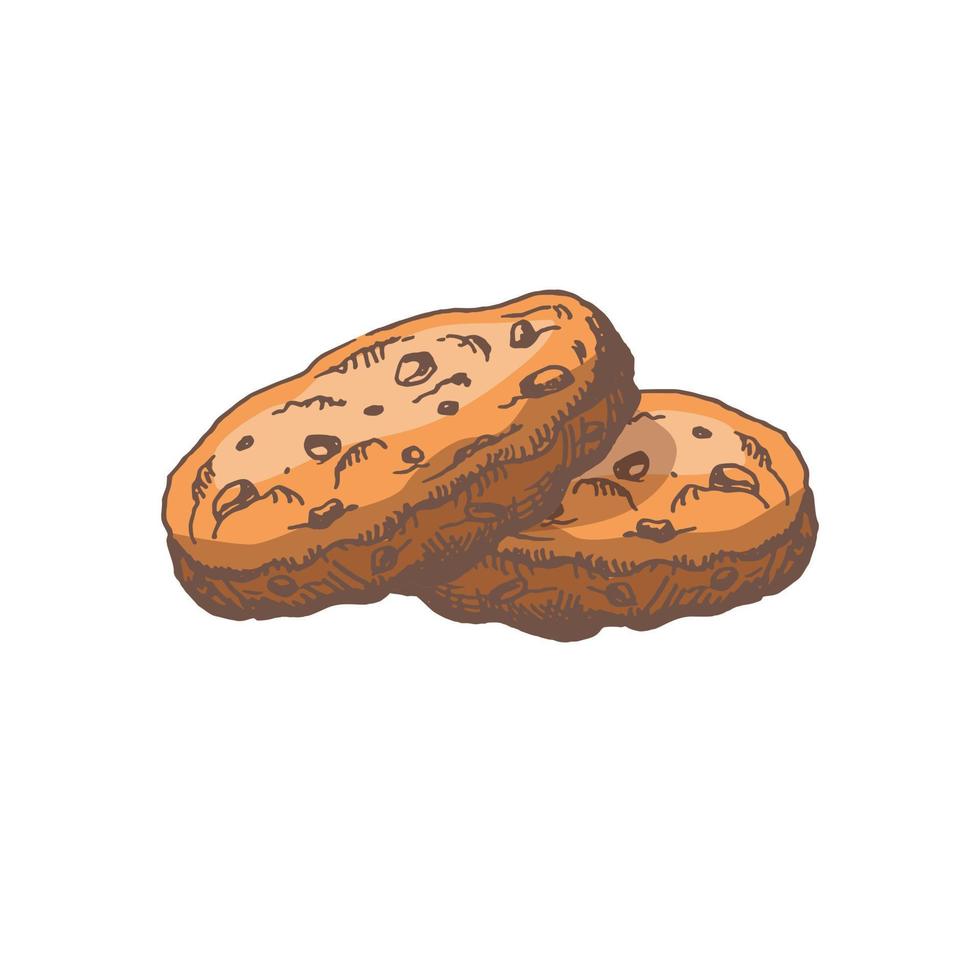 une dessiné à la main coloré esquisser de fait maison biscuits avec Chocolat puces. ancien illustration, griffonnage. élément pour le conception de Étiquettes, emballage et cartes postales. vecteur