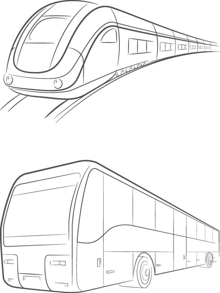 Croquis de transport de bus de train de balle, dessin à la main de voyage vecteur