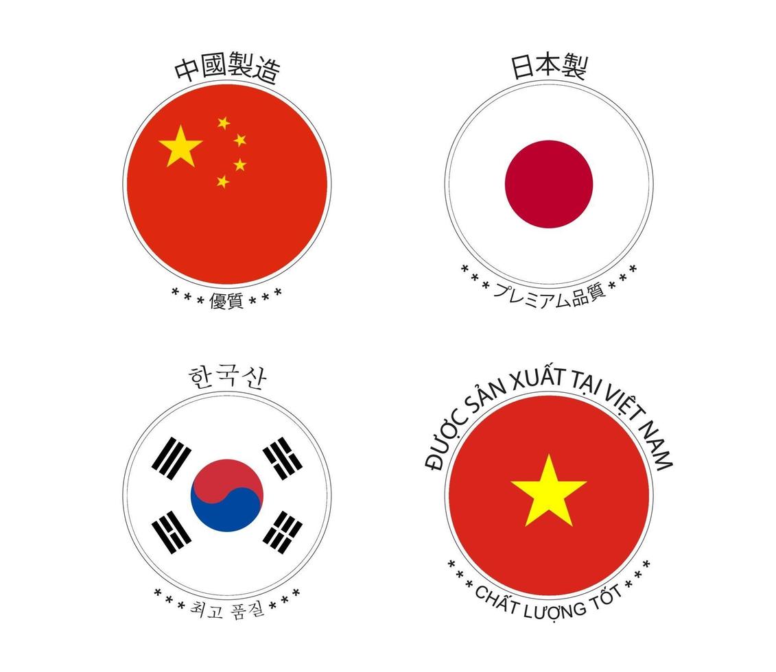 ensemble de quatre autocollants chinois, japonais, coréens et vietnamiens. Fabriqué en Chine, fabriqué au Japon, fabriqué en Corée du Sud et fabriqué au Vietnam. icônes simples avec des drapeaux isolés sur fond blanc vecteur