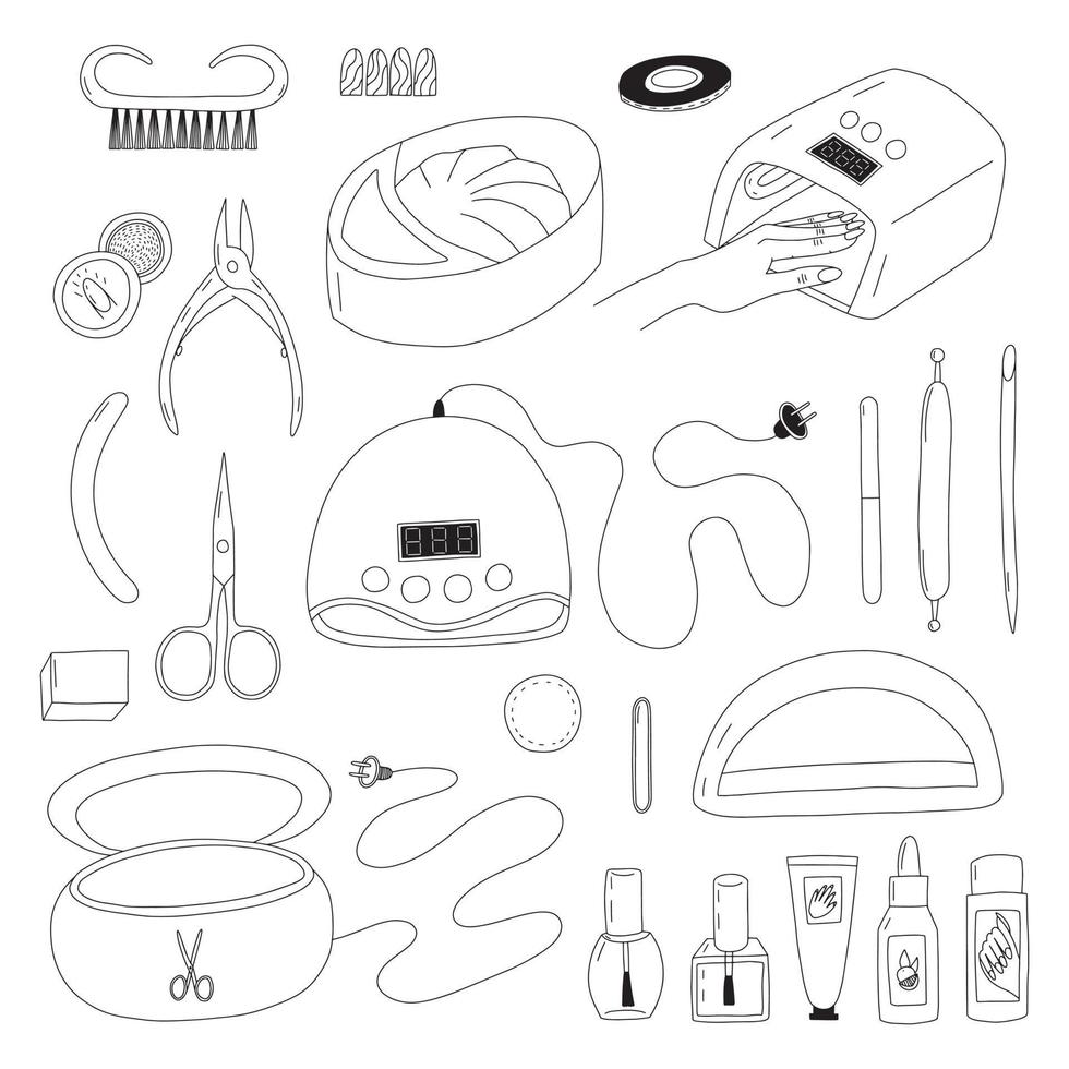 vecteur manucure équipements ensemble. main tiré différent sortes de manucure et pédicure outils ensemble.