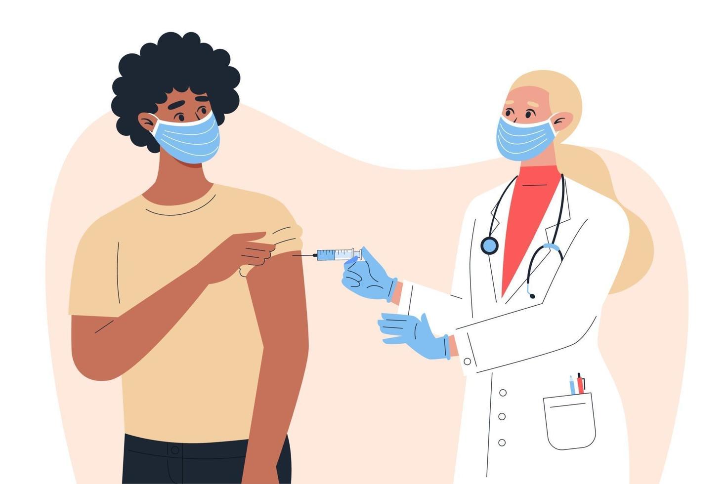 une femme médecin dans un masque et des gants fait un vaccin à un patient de sexe masculin vecteur