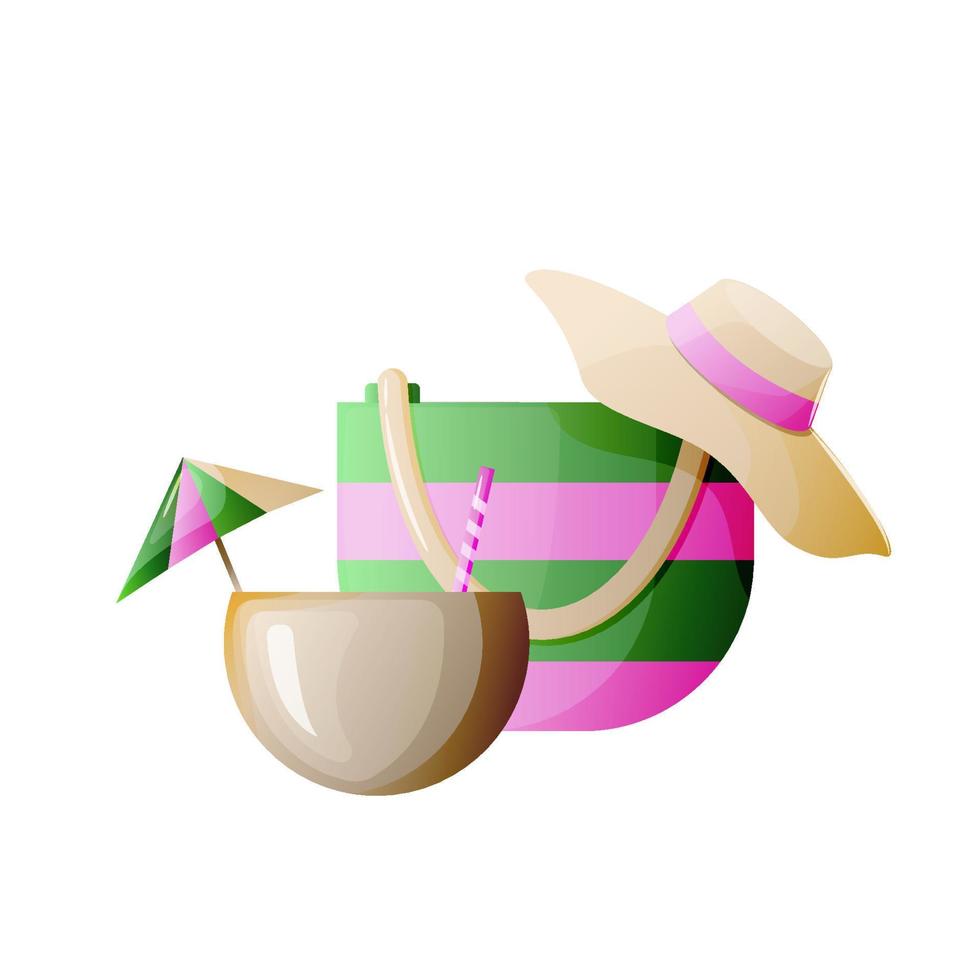 vacances accessoires pour mer vacances. plage des trucs pour été Voyage ensemble. chapeau, noix de coco cocktail, sac. vecteur illustration